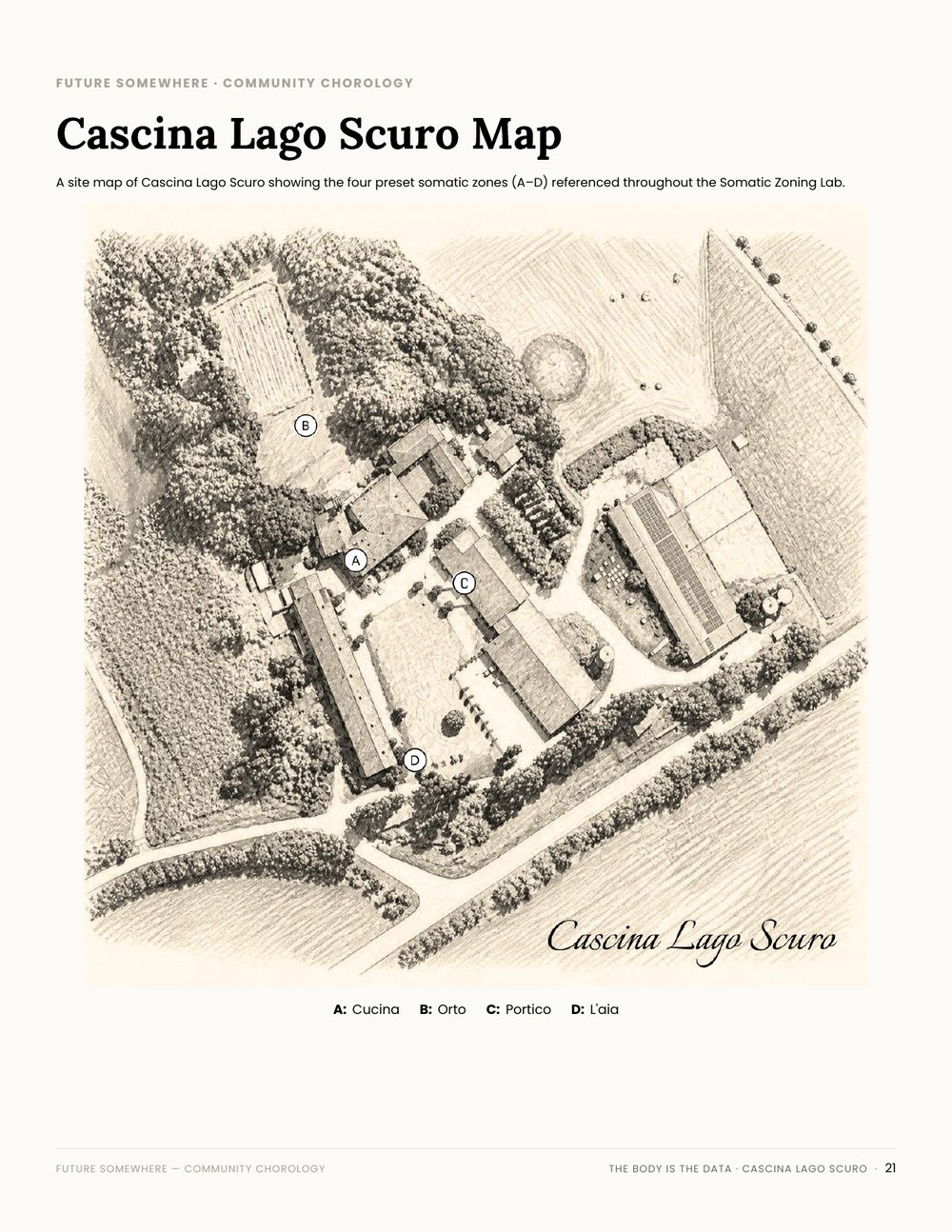 Site map of Cascina Lago Scuro showing zones A through D